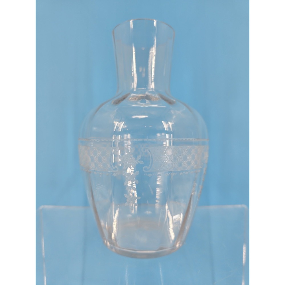Vtg Bedside Water Carafe Tumble Up Clear Etched Bows‎ & Leaves Blown Glass
